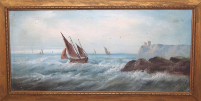 Auktion 373<br>maritime Szene wohl  19. Jahrhundert, unsigniert, Öl/Malkarton, restaurierungsbedürftig, gerahmt, Rahmen beschädigt, RG 40 x 66,5cm [1]