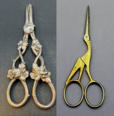 Auktion 373<br>gr. Traubenschere, plated, L-14 cm,  und Storchenschere, vergoldet [1]