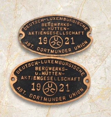 Auktion 373<br>Fabrikschilder, Deutsch-Luxemburgischen Bergwerks- und Hütten-AG, Abteilung Dortmunder Union, 1921, 1x beschädigt, 12 x 20cm [1]