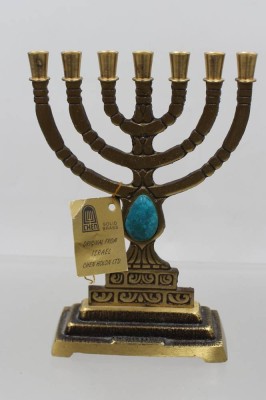 Auktion 373<br>kl. Menora-Leuchter, mit Türkis, Israel, ca. H-18cm B-12cm [1]