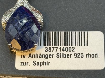 Auktion 373<br>gr. Silber-925- Anhänger mit facett. Safir, in OVP, 8,47 gr., H-4 cm [1]