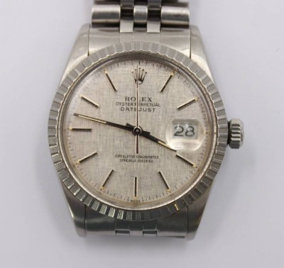 Auktion 374<br>Rolex Datejust 36 Vintage-Armbanduhr , Referenz 16030, Rolex Jubilé-Armband Nr. 555, Automatik Werk läuft, Tragespuren, ca. D-3,5cm [1]