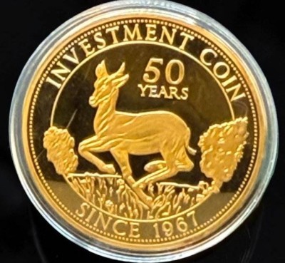 Auktion 374<br>Investment Coin 50 Jahre Jubiläumsmedaille 2021 ø 70mm, ca. 110 gr., vergoldetes Kupfer, polierte Platte, boxed [1]