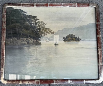 Auktion 374<br>japan. Landschaftsbild auf Seide, ger/Glas, wasserrandig, RG 59x48 cm [1]