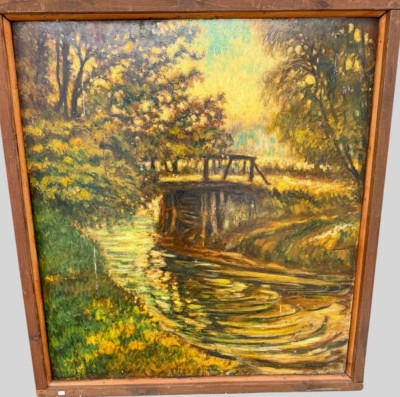 Auktion 374<br>Harald ILLIES (1911-1985)  signierte kl. Holzbrücke über Kanal, Öl/Leinen, gerahmt, Reinig. bedürftig, RG 107x96 cm (Sperrgut) [1]