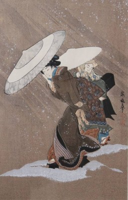 Auktion 374<br>japanische Farbholzschnitt  „Ausflug im Schneesturm“, Kitagawa Fujimaro (ca. 1790-1850), wohl neuzeitl. Nachdruck, gut gerahmt/Glas, RG 42 x 32cm [1]