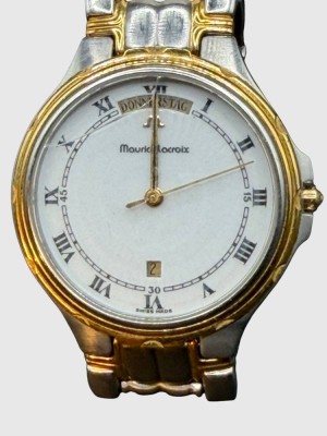 Auktion 374<br>Maurice Lacroix Quartz Metall Armbanduhr, vergoldet, , weißes Zifferblatt, Datum, Gehäusedurchmesser ca. 33 mm, 85 g, Werk nicht geprüft [1]
