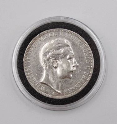 Auktion 374<br>Preußen 3 Mark Silbermünze 1910 Wilhelm II, in Kapsel, ca. D-3,3cm, ca. 16,6gr. [1]