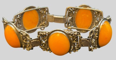 Auktion 374<br>Silber-Armband mit fünf gelben Bernstein-Cabouchons, L-20 cm, 37,12 gr., Sicherheitskette [1]