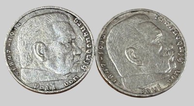 Auktion 374<br>2x 2 Reichsmark 1936/37, Hindenburg, 3.Reich, Silber, zus. 16.03 [1]
