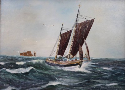 Auktion 374<br>G.Timmermann 2000, Kutter vor Helgoland, Öl/Holz, gerahmt, RG 29,5 x 35cm [1]