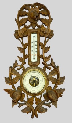 Auktion 374<br>Jugendstil Wandwetterstation, beschnitzter Holzrahmen 