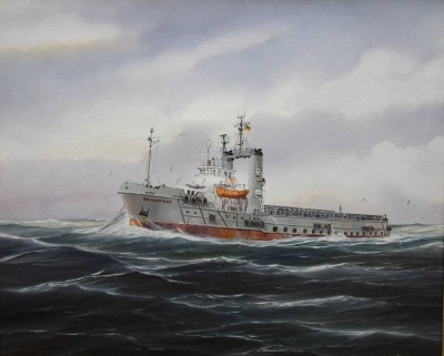 Auktion 374<br>Klaus ROSKAMP (1941), Versorger Friedenssturm der Hansa-Reederei, Öl/Leinwand, leider mittig Druckstelle, sonst guter Zustand, ca. RG 33 x 38cm [1]