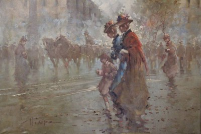 Auktion 374<br>Tommaso Principe (1942), regennasse Straßenszene, Öl/Leinwand, gut gerahmt, RG 86,5 x 116cm, Sperrgut! [1]