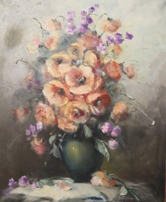 Auktion 374<br>unlerserl. signiertes Blumenstilleben, Öl/Leinwand, gut gerahmt, RG 78,5 x 68,5cm [1]