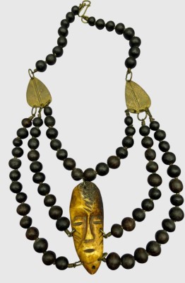 Auktion 374<br>afrikan. Collier mit Holzperlen und Knochenschnitzerei, Maske, seitl, Messing-Plättchen, L-ca. 75 cm [1]