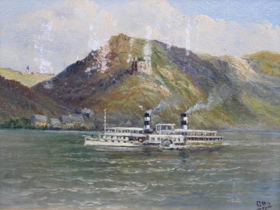 Auktion 374<br>Otto, Raddampfer auf dem Rhein, Öl/Holz, restau.bedürftig, gerahmt, RG 21 x x25,5cm [1]