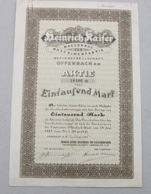Auktion 374<br>Aktie der Heinrich Kaiser Waggonbau und Maschinenfabrik Aktiengesellschaft, 1923 [1]