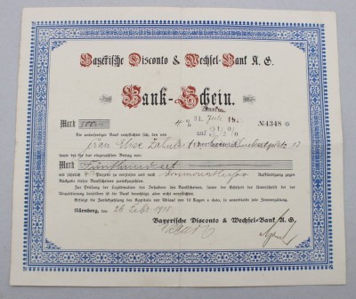 Auktion 374<br>Bank-Schein der Bayerischen Disconto- & Wechsel-Bank A.G. aus Nürnberg über 500 Mark [1]