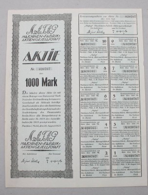 Auktion 374<br>Aktie über 1000 Mark der „Mafag“ Maschinen-Fabrik-Aktiengesellschaft in Parchim, 1923 [1]