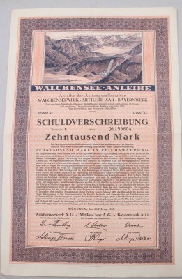 Auktion 374<br>Aktie, Walchenseewerk A.G., Mittlere Isar A.G., Bayernwerk A.G., 10.000 Mark (Reichswährung, Buchstabe E, Nummer 159604), 1923 [1]