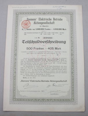Auktion 374<br>Teilschuldverschreibung über 500 Franken (= 405 Mark) der „Siemens“ Elektrische Betriebe Aktiengesellschaft, 1912. gelocht [1]