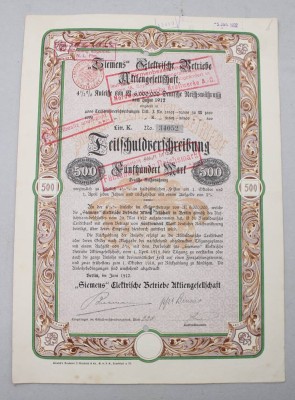 Auktion 374<br>4½%ige Teilschuldverschreibung über 500 Mark der „Siemens“ Elektrische Betriebe Aktiengesellschaft, 1912, gelocht [1]