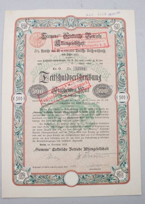 Auktion 374<br>Teilschuldverschreibung über 500 Mark stammt von der „Siemens“ Elektrische Betriebe Aktiengesellschaft, 1912, gelocht [1]