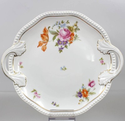 Auktion 374<br>Anbietteller, Rosenthal, Perlrand, florales Dekor, um 1930, ca. D-28cm ohne Handhaben [1]