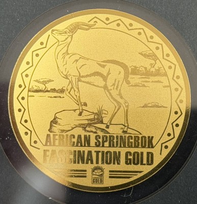 Auktion 374<br>Goldmünze -999- 100 Francs, Kongo, Springbock  2021, D-40 mm, 1/200 oz, [1]
