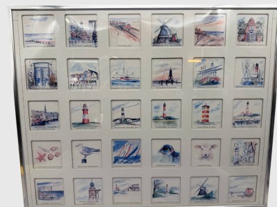 Auktion 374<br>Sammlung kleiner maritimer Aquarelle mit Nordsee- und Küstenmotiven, darunter Ansichten bekannter Leuchttürme und Orte wie Cuxhaven und Sylt. Alle in einem Rahmen/Glas, RG41x51 cm, Kunstdruck in aufwendigen Paasepartout [1]