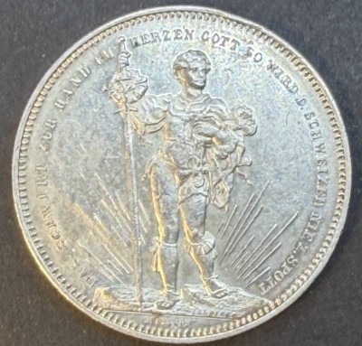 Auktion 374<br>Silber-900-,  EIDG. SCHÜTZENFEST IN BASEL 1879 5 Franken, Version mit Pfeilen zwischen Bein und Schwert (Richter SS# 92.b), D-37mm, 25,04 gr. [1]