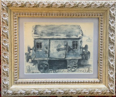 Auktion 374<br>Horst JANSSEN (1929-1995), Serigrafie, '' Der Blaue Wagon '' signiert, hinter Glas gerahmt.Bildmaß: 14,5 x 19 cm. RG 28x32 cm [1]