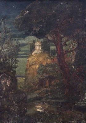 Auktion 375<br>Alexander FRENZ (1861-1941), Ein Tempel im Abendrot, Öl/Malkarton, alt gerahmt, RG 63 x 53cm , restaurierungsbedürftig [1]