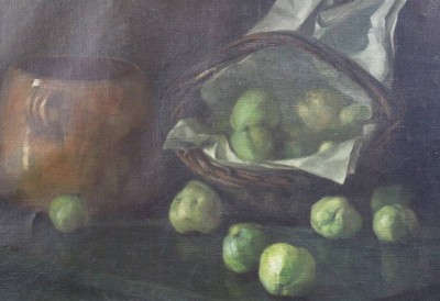 Auktion 375<br>anonym, Stillleben mit grünen Äpfeln, Öl/Leinwand, wohl um 1900, gerahmt, RG 60,5 x 83,5cm [1]