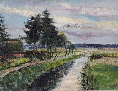 Auktion 375<br>Bernhard HUYS (1896-1973) , Kanallandschaft, Öl/Leinwand, restau.bedürftig, gerahmt, RG 48 x 68cm [1]