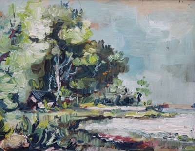 Auktion 375<br>M.M.Holst, Landschaft, Öl/Hartfaser, gerahmt, Altersspuren RG 36 x 40cm [1]