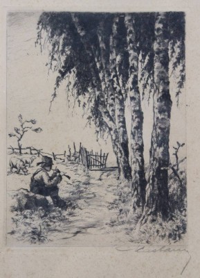 Auktion 375<br>unleserl. signierte Radierung, Knabe mit Flöte am Bach, älter, gerahmt/Glas, Altersspuren, RG 31 x 25cm [1]