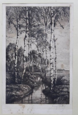 Auktion 375<br>Georg FRITZ (1894-1967) , Birke am Bach, Radierung, älter, stockfleckig,  ger./Glas, RG 34 x 25cm [1]