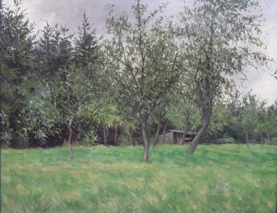 Auktion 375<br>Karl MEYER-NIETING (1900-1980), Landschaft, Öl/Malkarton, wellig (Feuchtigskeitsschaden), alt gerahmt, RG 48 x 58cm [1]