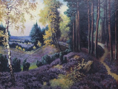 Auktion 375<br>unsignierte Heidelandschaft, älter, Öl/Malkarton, gerahmt, Rahmen beschädigt, RG 32,5 x 38cm [1]