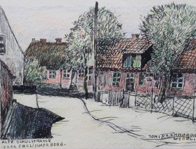 Auktion 375<br>Johs. Kaemmerer, Wedel, Alte Schulstrasse oder englischer Berg, Zeichnung, ger./Glas, RG 23,5 x 28cm [1]