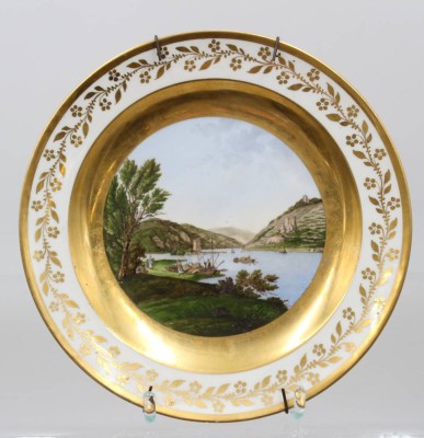 Auktion 375<br>Zierteller, wohl Nymphenburg, 19. Jhd., Mäusethurm bey Bingen betitelt, ca. D-20cm [1]