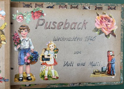 Auktion 375<br>Album voller Oblaten, tw. mit Texten, Weihnachtsgeschenk 1946 [1]
