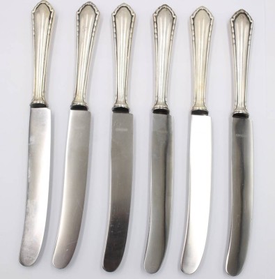 Auktion 375<br>6x Speisemesser, 800er Silbergriffe, wohl 20er Jahre, ca. L-25cm [1]