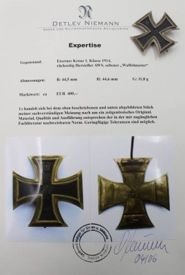 Auktion 375<br>Eisernes Kreuz 1. Klasse 1914, verso Hersteller AWS, seltenes Waffelmuster, anbei Zertifikat 