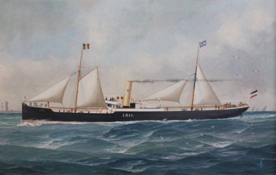Auktion 375<br>Käpitänsbild/Ölgemälde des Schiffes „Iris vor Cuxhaven “ von dem deutsch-belgischen Marinemaler John Henry Mohrmann (1857-1916), unsigniert aber zugeschrieben, Öl/Leinwand, gerahmt, RG 70 x 110cm, Sperrgut!, leicht restau. bedürftig [1]