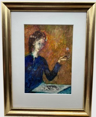 Auktion 375<br>unlweserl. mit Bleistift signiert,  Dame mit Rose, wohl Aquarell (Rahmung nicht geöffnet) Blattgoldrahmen/Glas, RG 39x31 cm [1]