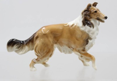 Auktion 375<br>Hutschenreuther-Porzellanfigur,Collies, Entw. Hans Achtziger, Unterglasurfarben, 1x Bein geklebt, H-11cm L-16cm [1]