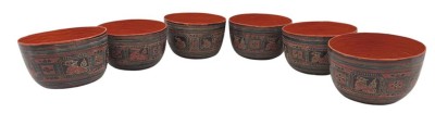 Auktion 375<br>6x Lack-Teeschalen, Burma, Tierkreiszeichen, H-5 cm, D-8,5 cm [1]